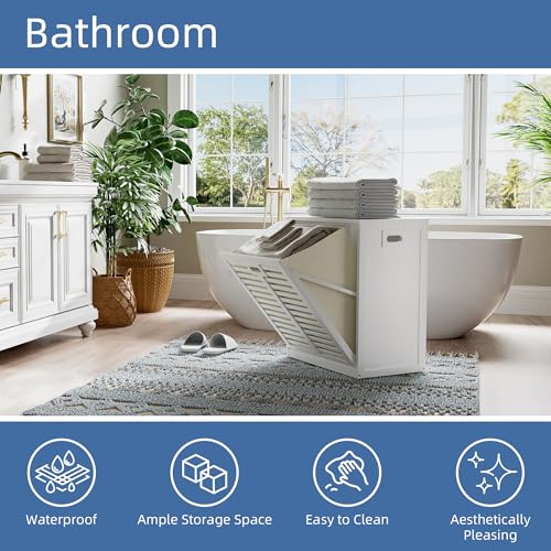 HITNET Tilt Out Laundry Hamper Cabinet, Bathroom Laundry Cabinet with 20 Gallon Clothes Basket, Space Saving Freestanding Bamboo Storage Organizer for Towels and Toys, White - color: White