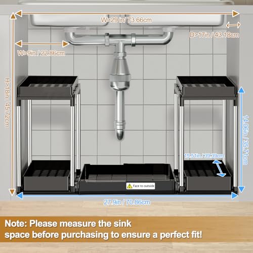 NIUXX Expandable Under Sink Organizer: 2 Tier Under Cabinet Organizer - Double Pull Out Shelf Under Sink Storage for Kitchen - Bathroom and Laundry Room - Space Saving - size: 27.9"L x 15.51"W-Fixed height