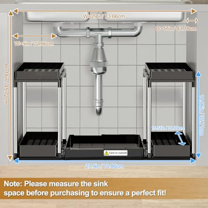 NIUXX Expandable Under Sink Organizer: 2 Tier Under Cabinet Organizer - Double Pull Out Shelf Under Sink Storage for Kitchen - Bathroom and Laundry Room - Space Saving - size: 27.9"L x 15.51"W-Fixed height