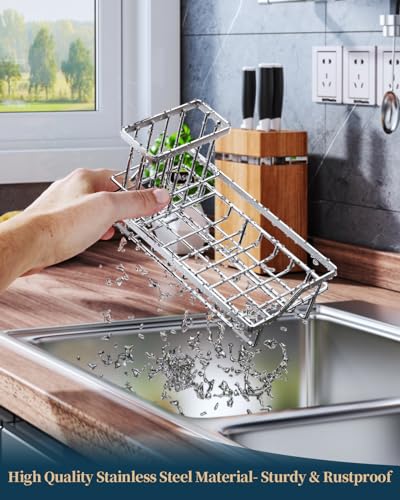 Consumest Sink Caddy, Kitchen Sponge Holder with Dish Brush Holder, Kitchen Sink Organizer with Drip Tray for Countertop Stainless Steel Rustproof, Silver-Large - color: Silver-l