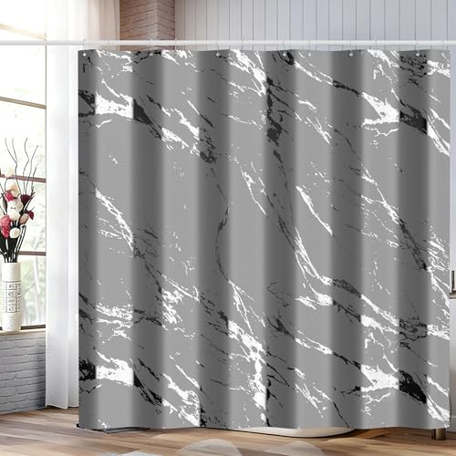 Gray Marble Shower Curtain Set with Silver Metal Hooks, Fabric Shower Curtain for Bathroom, Modern Luxury Bathroom Curtain, Water-Resistant Polyester Bath Curtain, 72 x 72 Inches - color: Silver Gray, size: 72"W x 72"L (Pack of 1)