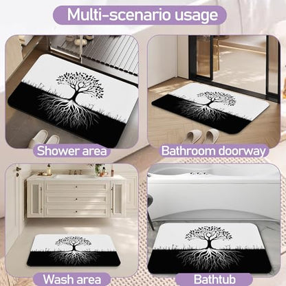 Black White Tree Bathroom Rug, Rapid Dry Absorbent with Non-Slip Rubber Base Bath Mats for Bathroom 17"x30" - color: Black White Tree