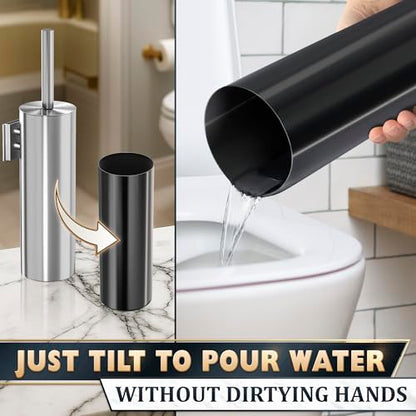 Wall Mounted Toilet Brush and Holder Set, Stainless Steel (Silver) | Stainless Steel Toilet Brush and Holder Set, Removable Inner Bowl, Dense Bristles, Rustproof, for Modern Bathroom Walls - color: Silver Wall-mounted