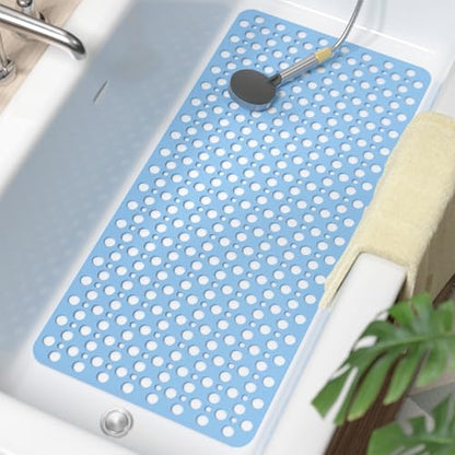 HITSLAM Bathtub Mat Non Slip, 35 x 16 Inch Long TPE Bath Mat for Tub, Efficient Drainage Bathroom Shower Mat with Suction Cups, Bath Tub Mat, Soft on Feet and Easy to Clean, Blue - color: Blue, size: 35" x 16" (Rectangular)