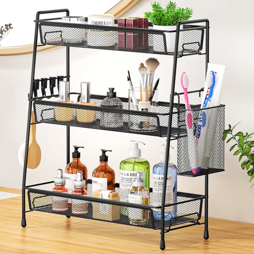 VITVITI 3-Tier Bathroom Organizer Countertop, Metal Wire Mesh Bathroom Counter Organizer Storage with Basket Hooks, Vanity Tray Shelf, Kitchen Spice Rack (Black) - color: 3 Tier Large Black