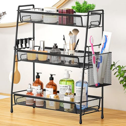 VITVITI 3-Tier Bathroom Organizer Countertop, Metal Wire Mesh Bathroom Counter Organizer Storage with Basket Hooks, Vanity Tray Shelf, Kitchen Spice Rack (Black) - color: 3 Tier Large Black
