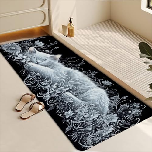 Bathroom Runner Mat Rugs Long,Gray with White Cat and Flowers Exquisite Diatomite Stone Bath Mat Large Absorbent Diatomaceous Earth Non Slip Fast Dry Bathroom Rugs 16x42in - color: Design01