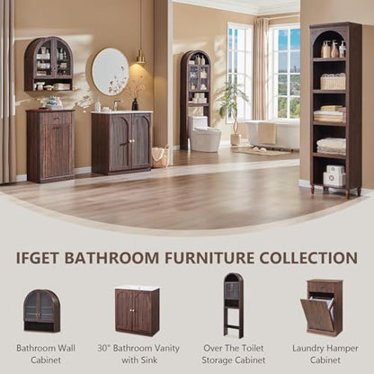 IFGET Bathroom Arched Wall Cabinet, 23.6'' Wide Medicine Cabinet with Adjustable Shelves & Glass Doors, Over The Toilet Storage Wall Mount Cabinet for Laundry Room, Kitchen & Living Room, Dark Walnut - color: Dark Walnut