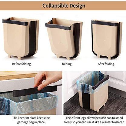 Hanging Collapsible Trash Can - 9L Wall Mounted Foldable Waste Bin for Kitchen Cabinet Door - Quickly Clean Counter, Sink, Bathroom - RV, Car, Camping Folding Garbage Basket (Brown)