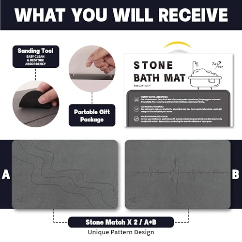 2 Pack Stone Bath Mat-Diatomaceous Earth Bath Mat Fast-Drying Stone Drying Mat Super Absorbent Diatomite Mats for Bathroom, Dish Drying, Bathtub (Grey Wave+Heart Rhythm) - color: Grey Wave+heart Rhythm-24*16
