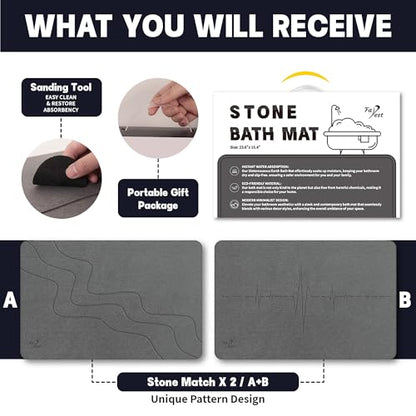 2 Pack Stone Bath Mat-Diatomaceous Earth Bath Mat Fast-Drying Stone Drying Mat Super Absorbent Diatomite Mats for Bathroom, Dish Drying, Bathtub (Grey Wave+Heart Rhythm) - color: Grey Wave+heart Rhythm-24*16