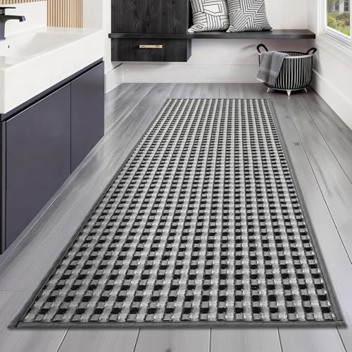YIHOUSE Bathroom Rugs 16" x 59", Ultra Thin Checkered Weave Bath Mat - Soft Absorbent Quick Dry Bath Mat, Machine Washable Non Slip Bath Rugs for Bathroom, Shower & Tub, Dark Gray Light Gray - color: Dark Gray Light Gray, size: 16"x59"