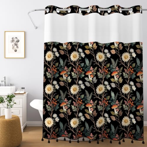 Whimsical Jungle Plant Shower Curtain with Snap in Liner & Tassels | No Hook Needed, Double Layer Waterproof Fabric with Mesh Top, Dark Botanical Floral Design for Cottagecore Bathroom, 71Wx77L - color: Whimsical Botanical