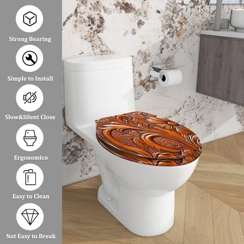 Elongated Resin Toilet Seat, Quietly Close Quick Release Hinges Cover | Toilet Lid Cover Easy to Clean and Install, Hand Tooled Leather Heavy Duty Toilet Seat - color: pattern4, size: V-shape