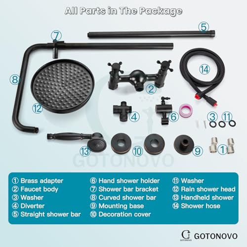 gotonovo Exposed Shower System Wall Mount,Oil Rubbed Bronze,Metal Handheld | 8” Rain Shower Head Faucet Set Fixtures,2 Function,Two Cross Handle,Height Adjustable,for 5-6.7" Hole,Indoor Victorian Retro - color: Bronze
