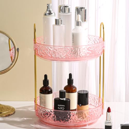 Fangoo 2 Tiers Pink Rotating Makeup Organizer for Vanity, 360 Spinning Skincare Organizers for Dresser Perfume Organizer Large Skincare Make up Storage Cosmetic Organizer for Bathroom Countertop - color: Pink, size: 2 Tiers