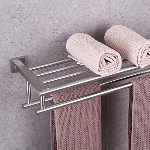 GERZWY Bathroom Lavatory Towel Rack Towel Shelf with Double Towel Bars Wall Mount Holder, 24-Inch SUS 304 Stainless Steel Brushed Finish AG1602B-LS - color: Brushed