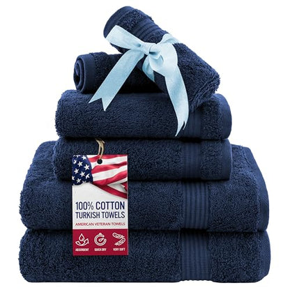 American Veteran Towel, 6 Piece Towel Set for Bathroom, 100% Cotton Turkish Bathroom Towels, 2 Bath Towels 2 Hand Towels 2 Washcloths, Navy Blue - color: Navy Blue, size: X Large 6 PC
