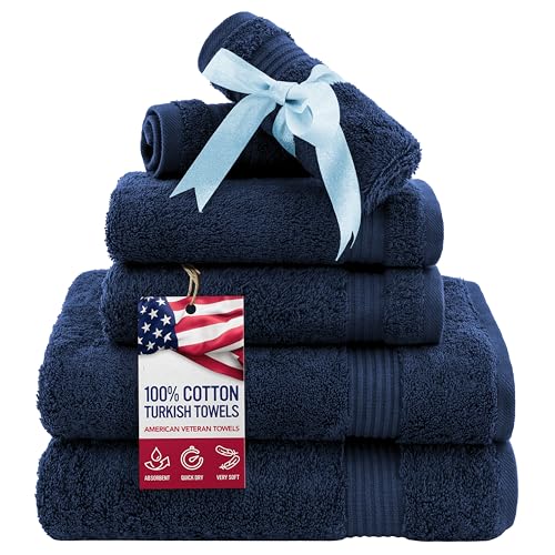 American Veteran Towel, 6 Piece Towel Set for Bathroom, 100% Cotton Turkish Bathroom Towels, 2 Bath Towels 2 Hand Towels 2 Washcloths, Navy Blue - color: Navy Blue, size: X Large 6 PC