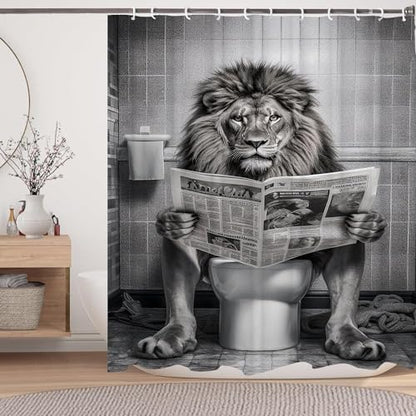 Funny Lion Shower Curtain, Fancy Humor Leo Animal on Toilet Shower Curtains Set, Black and White Funky Shower Curtains, Large Cat Man Grey Bathroom Curtain 72x72 inch | Fancy Humor Leo Animal on Toilet Shower Curtains Set, Funky Shower Curtains , Large Ca