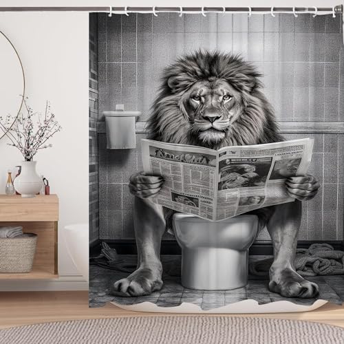 Funny Lion Shower Curtain, Fancy Humor Leo Animal on Toilet Shower Curtains Set, Black and White Funky Shower Curtains, Large Cat Man Grey Bathroom Curtain 72x72 inch | Fancy Humor Leo Animal on Toilet Shower Curtains Set, Funky Shower Curtains , Large Ca