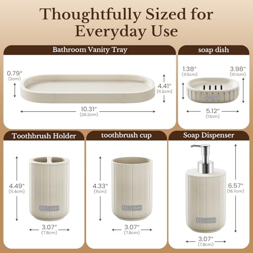 Bathroom Accessories Set 5 Piece, Cream Bathroom Set with Soap Dispenser, Soap Dish, Bathroom Vanity Tray, Toothbrush Holder and Toothbrush Cup, Modern Bathroom Accessory Set for Countertop