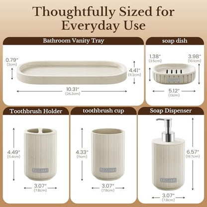 Bathroom Accessories Set 5 Piece, Cream Bathroom Set with Soap Dispenser, Soap Dish, Bathroom Vanity Tray, Toothbrush Holder and Toothbrush Cup, Modern Bathroom Accessory Set for Countertop