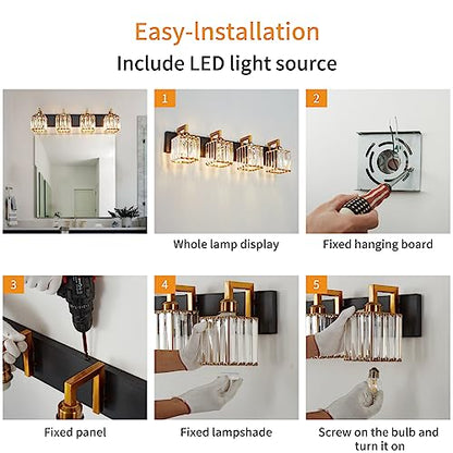 Modern Bathroom Vanity Light 4-Lights Black Gold Crystal Wall Lamp Bathroom Modern Crystal Vanity Lighting - color: Black+Gold Crooked, size: 4-light