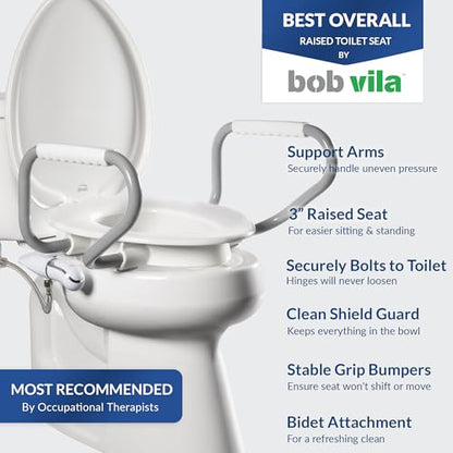 Bemis Assurance 3" Raised Toilet Seat with Handles and Bidet Attachment, Therapist Preferred for Safety, Secure Hinges, Clean Shield Guard, Elongated, White - size: Elongated, style: Raised Seat with Handles & Bidet