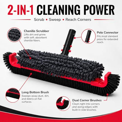 22" Extra Long Pool Brush with Chenille Scrubber | Heavy Duty Nylon Bristles, Curved Edges for Cleaning Corners, Safe for All Surfaces & Vinyl Liners, Fits Standard Poles