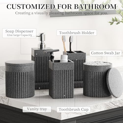 6-Piece Bathroom Set Grey - Stone Textured Resin Bathroom Organizer with Soap Dispenser, Toothbrush Holder, Vanity Tray, Tumbler & Cotton Swab Jars for Small Spaces - color: Grey