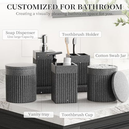 6-Piece Bathroom Set Grey - Stone Textured Resin Bathroom Organizer with Soap Dispenser, Toothbrush Holder, Vanity Tray, Tumbler & Cotton Swab Jars for Small Spaces - color: Grey