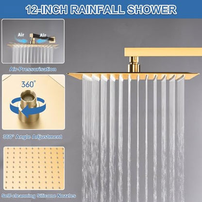 Dual Rainfall Shower Head System Brushed Gold, 3-Function Push Button Shower Faucet Set with 12" Wall Mount Rain shower head and 6" Wall Mount Shower Head, Pressure Balance Rough-in Valve - color: Brushed Gold, style: Wall Mount