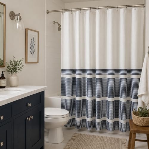 Nautical Striped Navy Blue and White Fabric Shower Curtain: 100% Cotton Luxury Hotel with Detailed Decorative Weave for Bathroom 70" x 72" (Chase Navy) - color: Chase Blue