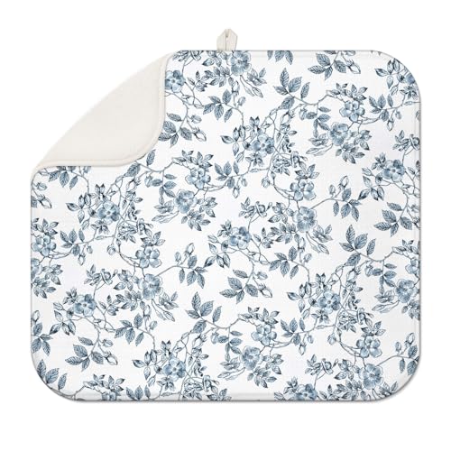 Spring Leaves Floral Dish Drying Mat for Counter, 16x18, Quick Dry Pad | Absorbent quick-dry microfiber keeps counters tidy, non-slip backing adds stability, foldable mat stores after dish use - color: Flower 08, size: 16" x 18"