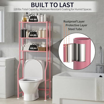 3-Tier Over The Toilet Storage, Freestanding Metal Bathroom Shelves, Space Saver Above The Over Toilet Storage Shelf for Bathroom (Pink) - color: Pink