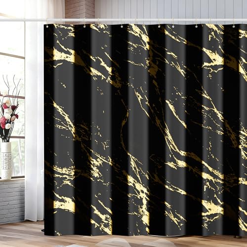 Black and Gold Shower Curtain Set with Gold Hooks, Black Marble Shower Curtain for Bathroom, Modern Luxury Fabric Bath Curtain, Waterproof Washable Polyester Bathroom Decor, 72 x 72 Inches - color: Black Gold, size: 72"W x 72"L (Pack of 1)