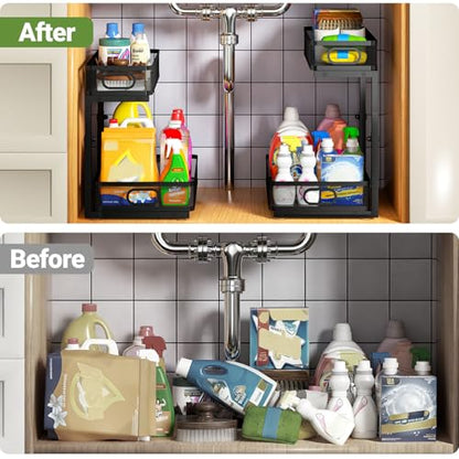Under Sink Organizer 4-Pack, Metal 2-Tier Pull-Out Cabinet Shelf with Slide-Out Mesh Drawers, Height Adjustable, Space-Saving Storage Racks for Kitchen, Bathroom, Laundry Room - color: Black-4 Pack