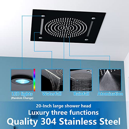 Enga Full Body LED Thermostatic Shower System with Body Jets, 20-Inch 3 Function Shower Head (Rainfall & Mist & Waterfall), Luxury Multi Function Rain Shower Faucet Set, Matte Black - color: Matte Black, style: 20" Head (Rain + Mist+Waterfall) - Jets