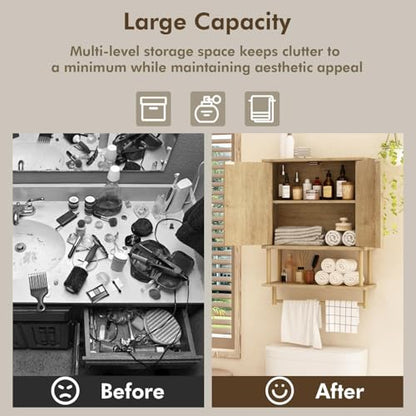 RUSTOWN Rattan Bathroom Wall Cabinet, Modern Boho Medicine Cabinets, Medium | 2 Arched Rattan Doors, Adjustable Shelf, Towel Bar Rack, Over The Toilet Storage Cabinet for Bathroom, Living Room, Kitchen - size: Medium