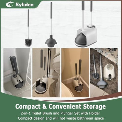 Eyliden Toilet Plunger and Brush Set, 2-in-1 Compact Holder, White | Unclogs Toilets, Deep Cleans Bowls, Nylon Bristles, Rubber Cup, Durable Plastic Caddy, Space-Saver, Bathroom Cleaning Tools - color: White & Grey