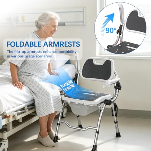 3 in 1 Folding Bedside Commode Chair,No-Assembly Foldable Shower Chair for Inside Shower with Arms and Back,Portable Toilet for Adults Elderly,Adjustable Height Raised Toilet Seat with Handles