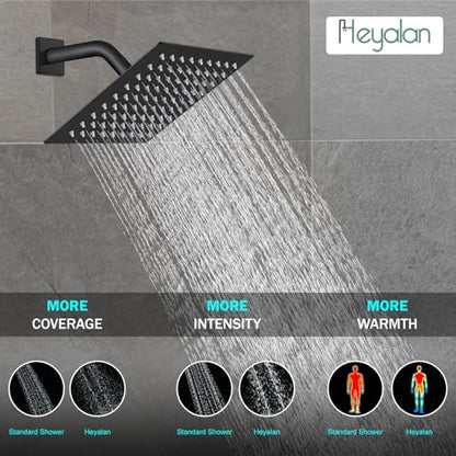 Heyalan 8 Inch Square Rain Shower Faucet Set with Valve, Matte Black | Female-thread 1/2-inch NPT connections, SUS304 shower head, brass rough-in valve, single-handle control Shower Set - color: Black, size: 8 Inch Square Shower Head