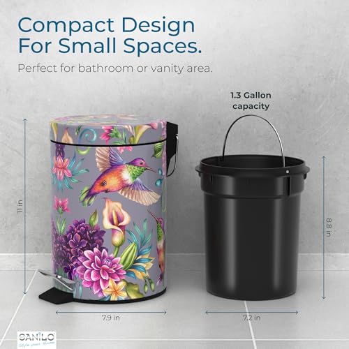 Sanilo Small Bathroom Trash Can with Lid [1.3 Gallon] - Lidded Tiny Trashcan for Garbage - Mini Metal Bin with Soft Closing Mechanism - Bath Room Accessoire Wastebin with Inner Bucket (Hummingbird) - color: Hummingbird