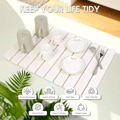 BoxedHome Stone Drying Mat for Kitchen Counter, Large Stone Drying Mat Foldable, Absorbent Diatomaceous Earth Bath Mat Quick Dishes Bottles Cups Bathroom 24"(L)×16"(W), White - color: White