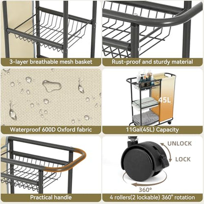 Rolling Laundry Basket with Wheels and Handle,3 Storage Baskets, 45 L Bag | Heavy Duty Laundry Cart, Space Saving Laundry Room Organization - color: Beige