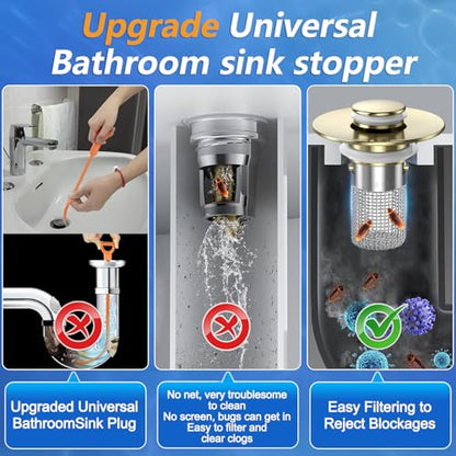 Bathroom Sink Drain Strainer,(4PCS) Pop-up Sink Drain Strainer with Removable Stainless Steel Strainer Basket Hair Catcher, Bathroom Sink Strainer for Bathroom Sink Stopper Replacement - color: 4, Brushed Gold
