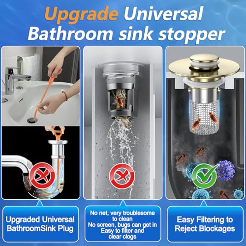Bathroom Sink Drain Strainer,(3PCS) Pop-up Sink Drain Strainer with Removable Stainless Steel Strainer Basket Hair Catcher, Bathroom Sink Strainer for Bathroom Sink Stopper Replacement - color: 3, Brushed Gold