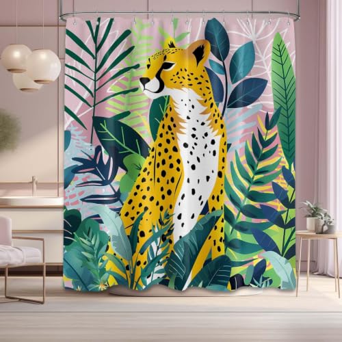 Tropical Leopard Extra Long Shower Curtain, Tall 72x84 in | Tall 84 inch XL, Floor to Ceiling, Pink and Green Natural Leaves Pattern, Waterproof Polyester Fabric, with Metal Hooks - color: Cheetah, size: 70"W x 84"L (Pack of 1)