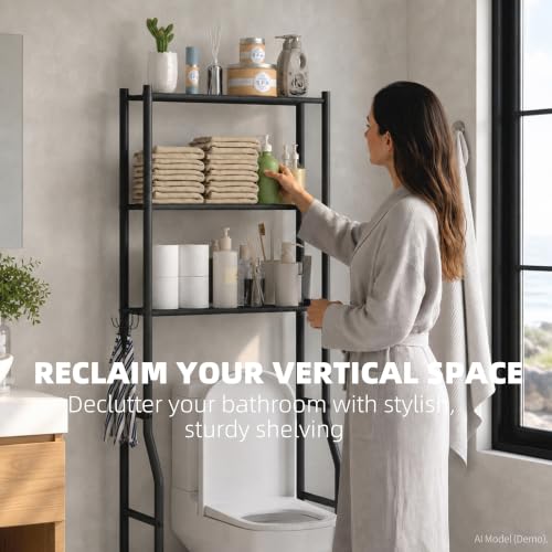 GloTika 3-Tier Over Toilet Storage, Anti-Tilt, 64" H, Black | Anti-Tilt Safety System, 150lb Capacity, Carbon Steel, Freestanding, No Drilling, Anti-Rust Coating, Paper Holder & 4 Hooks - color: Black, size: 3-Tier